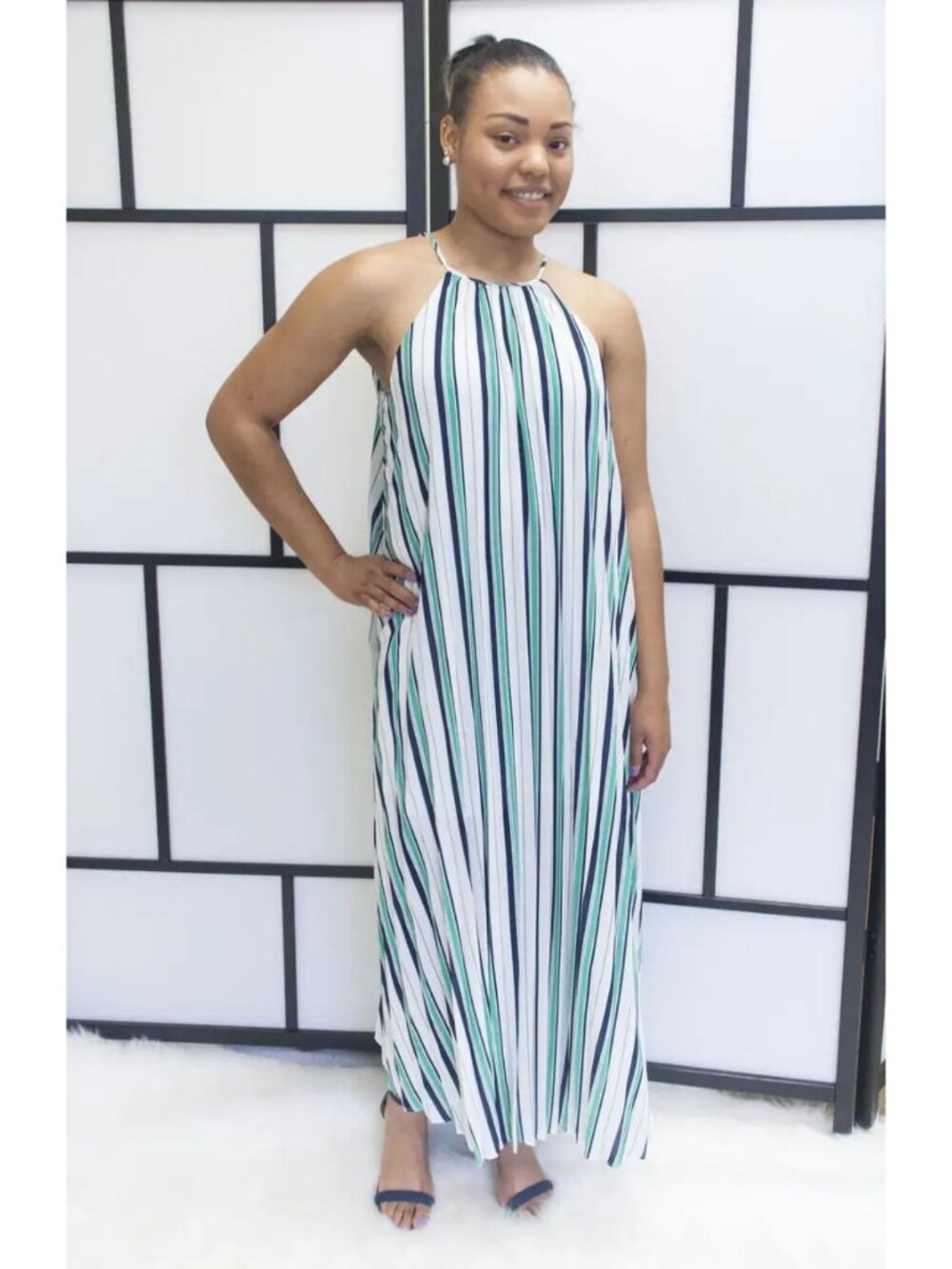 Line + Dot Striped Cruz Pleat Dress Maxi Shift Oversized White Green Navy Small